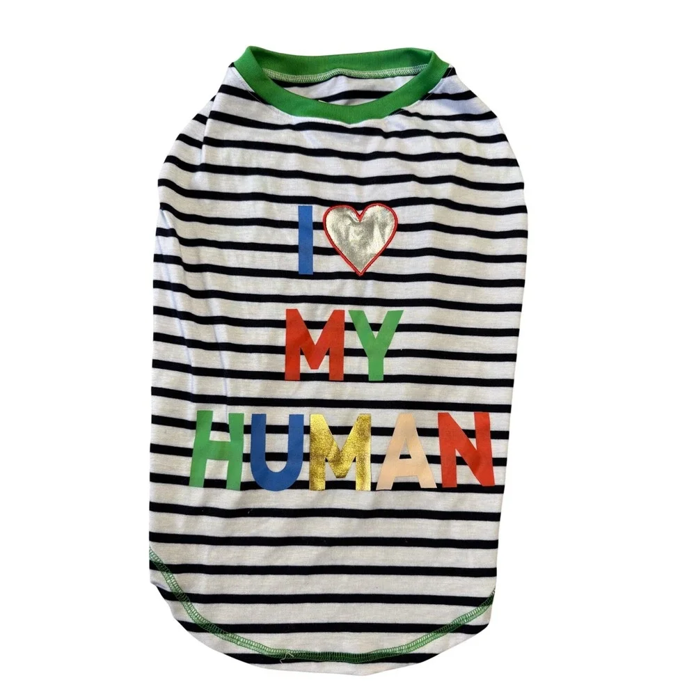 Top Paw XL I‎ Heart My Human Dog Tee Navy White Striped Green Trim SP20 FEF1
